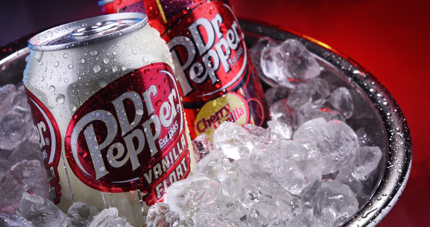 POZNAN, POLAND - OCT 23, 2019: Two cans of Dr Pepper, a carbonated soft drink created in the 1880s by Charles Alderton in Waco, Texas, USA