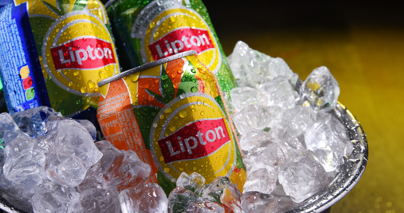 POZNAN, POL - OCT 16, 2019: Cans of Lipton Ice Tea, a soft drink brand sold by Lipton and belonging to Unilever, a British-Dutch multinational consumer goods company.